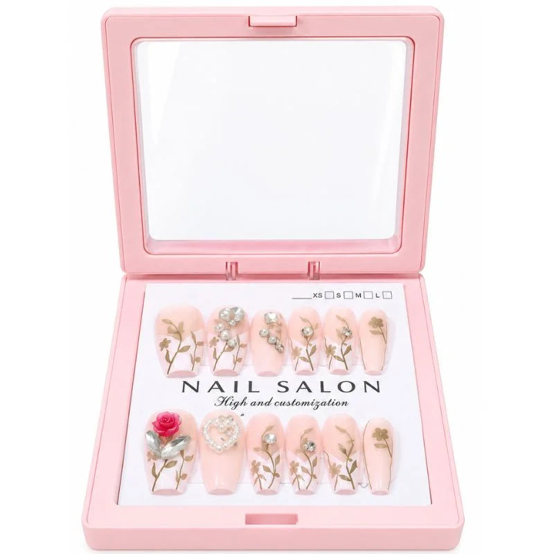 12 Pcs Press On Nails Set With Floral Design & Rhinestone Decoration