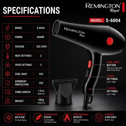 Remington Royal Style House Hair Dryer | Model S-6004 | Fast Drying | Cool Shot Function | 5000W