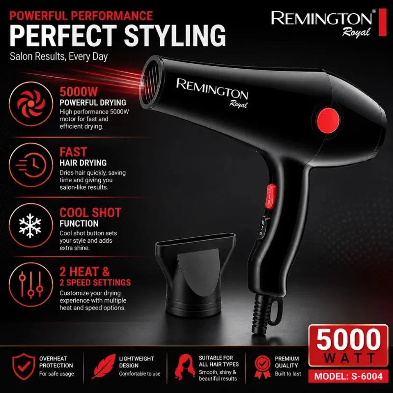 Remington Royal Style House Hair Dryer | Model S-6004 | Fast Drying | Cool Shot Function | 5000W