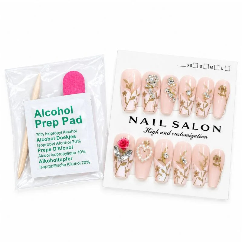 12 Pcs Press On Nails Set With Floral Design & Rhinestone Decoration