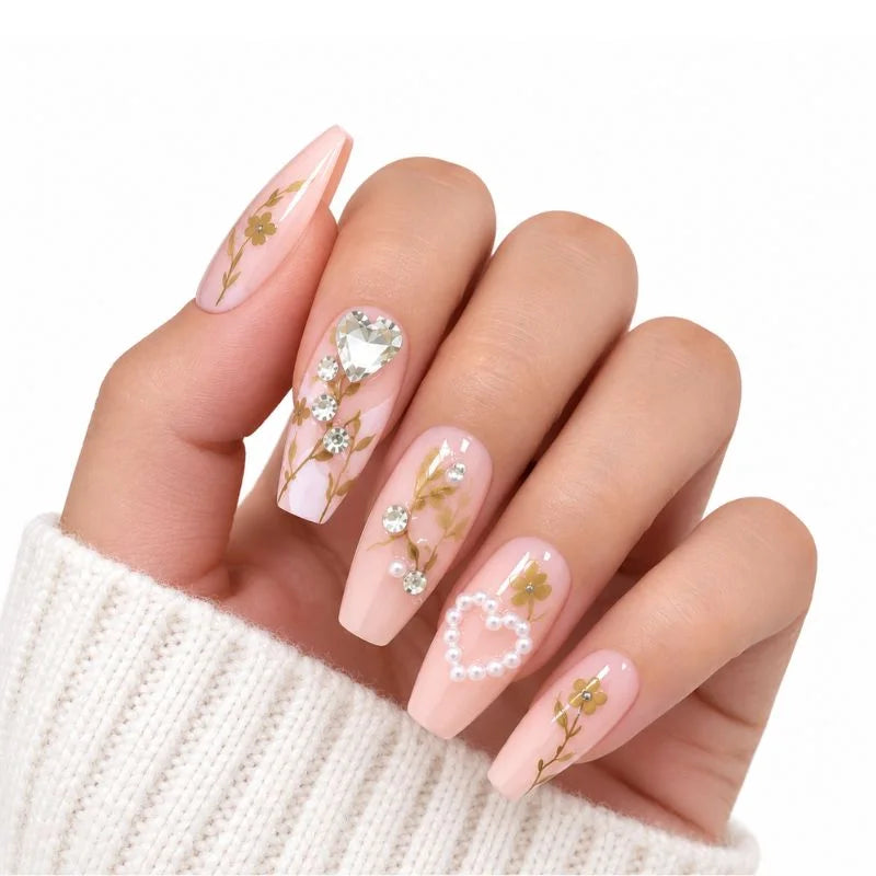 12 Pcs Press On Nails Set With Floral Design & Rhinestone Decoration