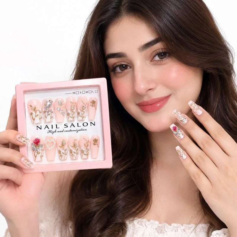 12 Pcs Press On Nails Set With Floral Design & Rhinestone Decoration