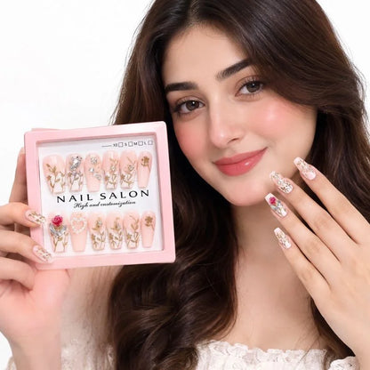 12 Pcs Press On Nails Set With Floral Design & Rhinestone Decoration