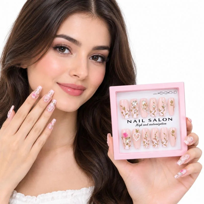 12 Pcs Press On Nails Set With Floral Design & Rhinestone Decoration