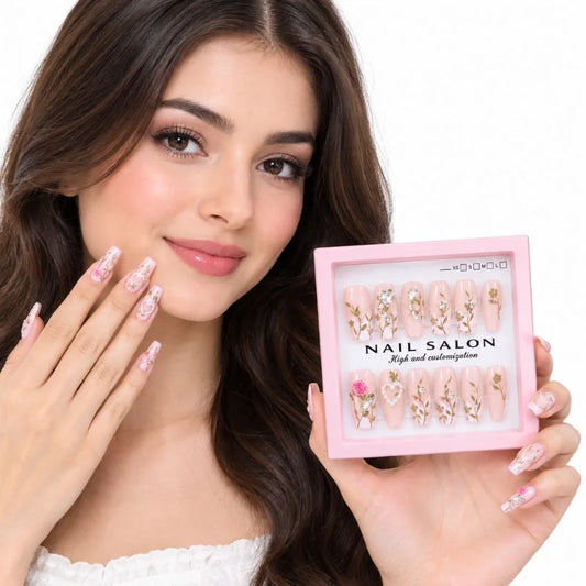 12 Pcs Press On Nails Set With Floral Design & Rhinestone Decoration