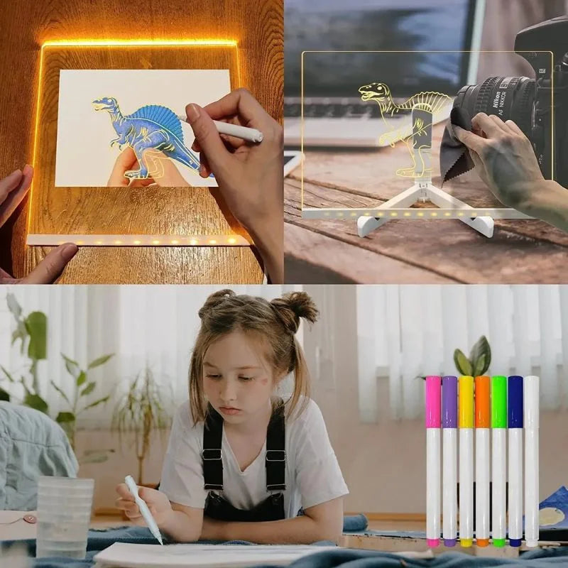 8x8 Inches LED Acrylic Writing Board with USB Light | 7 Colorful Erasable Pens