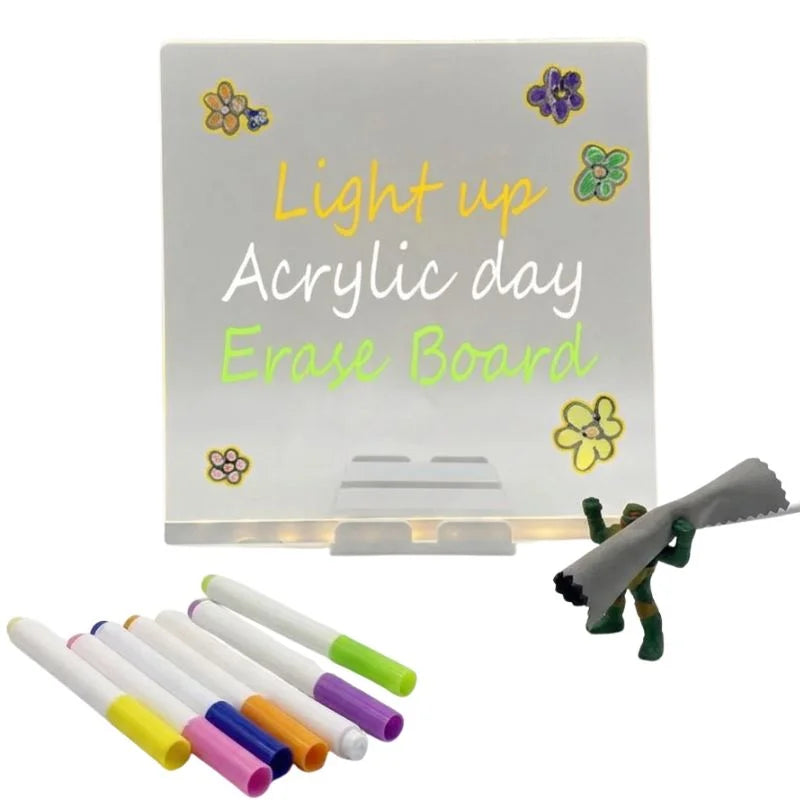 8x8 Inches LED Acrylic Writing Board with USB Light | 7 Colorful Erasable Pens