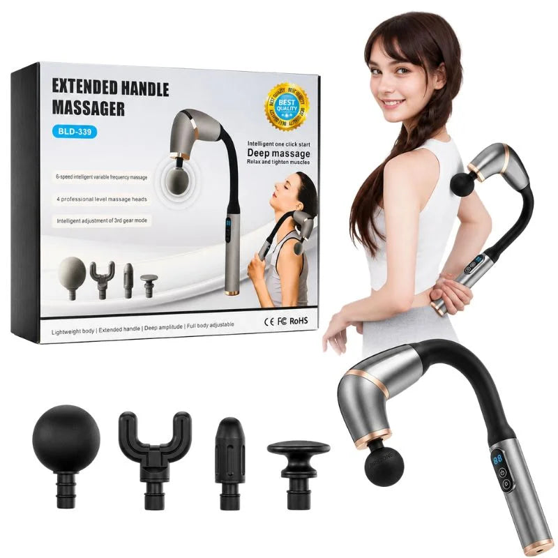 Long Handle Fascial Gun Massager | Model: BLD-339 | Rechargeable Massage Gun with 4 Interchangeable Heads